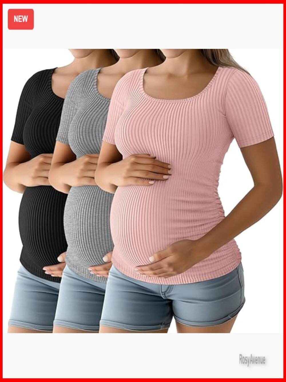 Maternity Cotton T-Shirts 3 Pack Scoop Neck Short Sleeve Side Ruched
